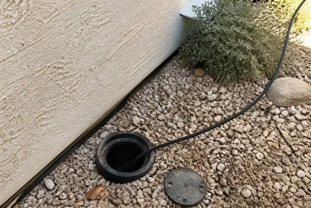 Sewer camera probe cable entering a pipe cleanout at a jobsite in Phoenix, AZ.