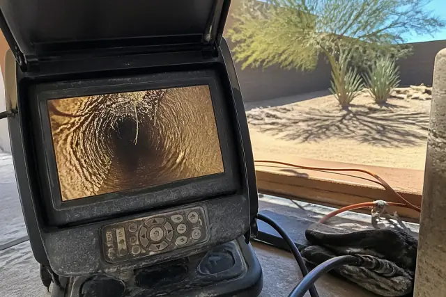 Sewer camera inspection monitor showing pipe conditions and tree roots at a job site in Phoenix, AZ.