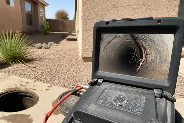 Sewer camera inspection monitor showing pipe obstructions at a residential job site in Mesa, AZ.