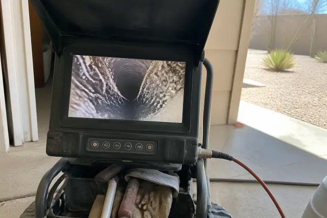 Sewer camera inspection monitor showing pipe tree root obstructions on a jobsite in Phoenix, AZ.
