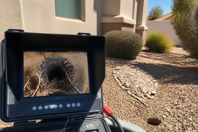 Sewer camera monitor showing pipe tree root obstructions at a home in Surprise, AZ.