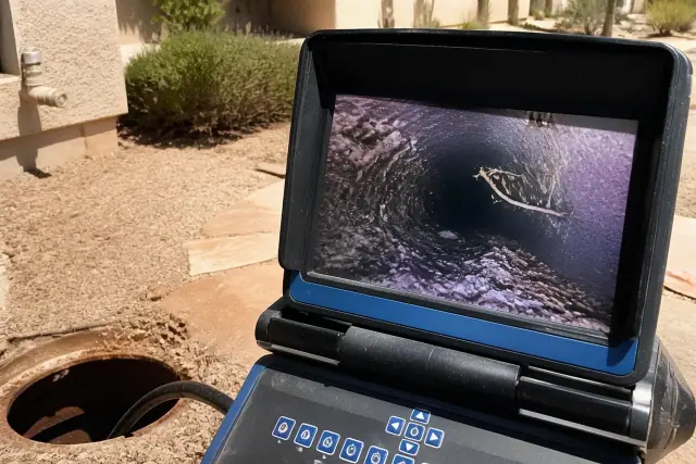 Sewer camera monitor displaying internal pipe inspection results at a Phoenix, AZ residential jobsite.