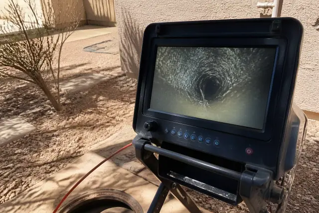 Sewer camera inspection monitor showing pipe damage at a residential jobsite in Glendale, AZ.