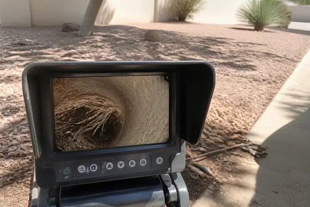 Sewer camera inspection monitor showing pipe damage and tree roots at a job site in Phoenix, AZ.