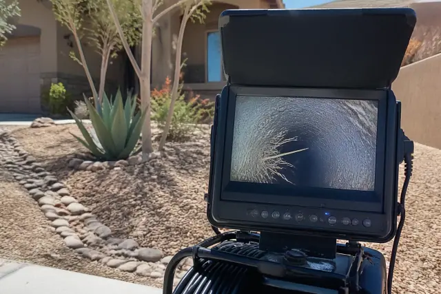 Sewer camera inspection monitor showing pipe damage in a sun-drenched residential yard in Tempe, AZ.