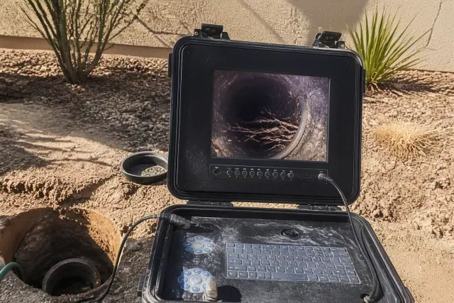 Sewer camera inspection monitor showing an internal pipe view at a jobsite in Goodyear, AZ.