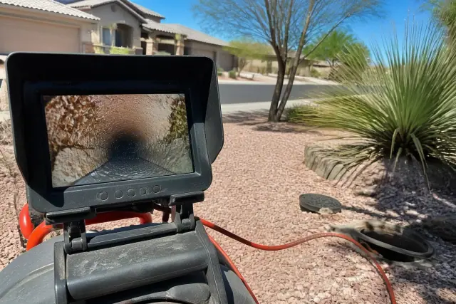Sewer camera inspection monitor displaying pipe conditions in a xeriscaped front yard in Chandler, AZ.