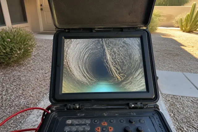 Sewer camera inspection monitor showing pipe damage and root obstructions at a residential jobsite in Phoenix, AZ.