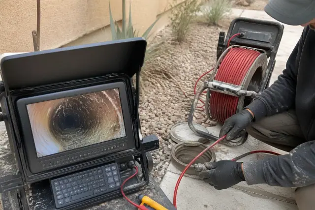 Technician using a sewer camera and cable reel for a pipe inspection at a worksite in Avondale, AZ.