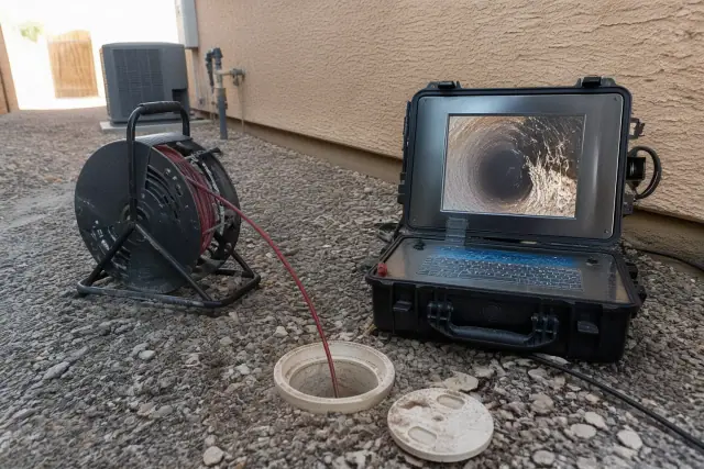 Sewer camera inspection showing pipe walls and tree roots at a residential property in Gilbert, AZ.