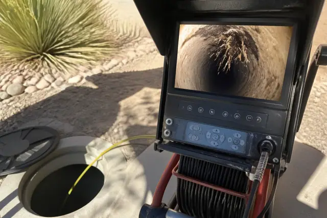 Sewer camera monitor displaying internal pipe conditions at a jobsite with desert xeriscaping in Phoenix, AZ.