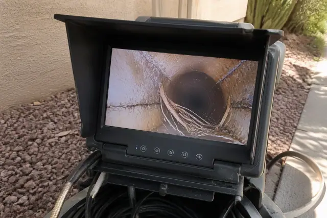 Sewer camera monitor displaying pipe cracks and tree root obstructions at a jobsite in Phoenix, AZ.