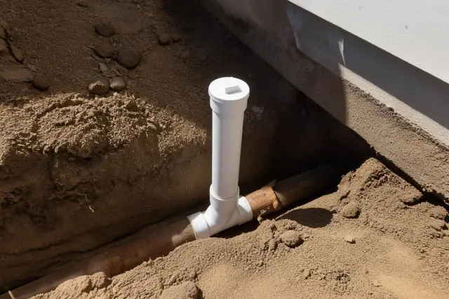 New PVC sewer cleanout riser installed in the ground at a jobsite in Phoenix, AZ.