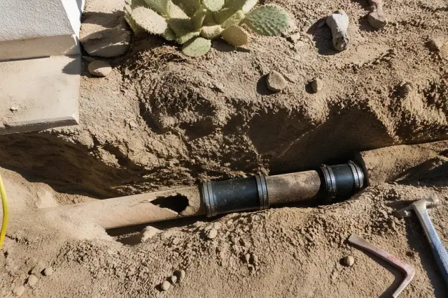Sewer line repair in a dirt trench with exposed pipe and tools in a Scottsdale, AZ desert yard.