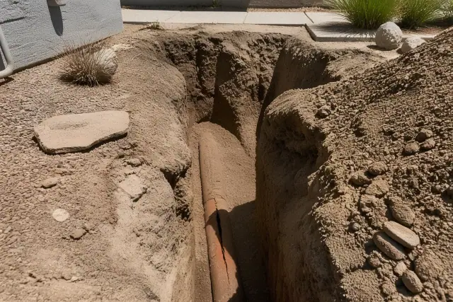 Excavated trench showing cracked sewer pipe and soil in a Tempe, AZ yard.