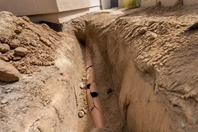 Deep trench excavation showing cracked terra cotta sewer pipes at a residential job site in Avondale, AZ.
