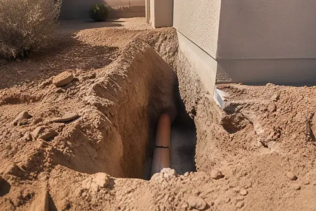 A deep trench excavation showing a cracked terra cotta sewer pipe during a home repair project in Peoria, AZ.