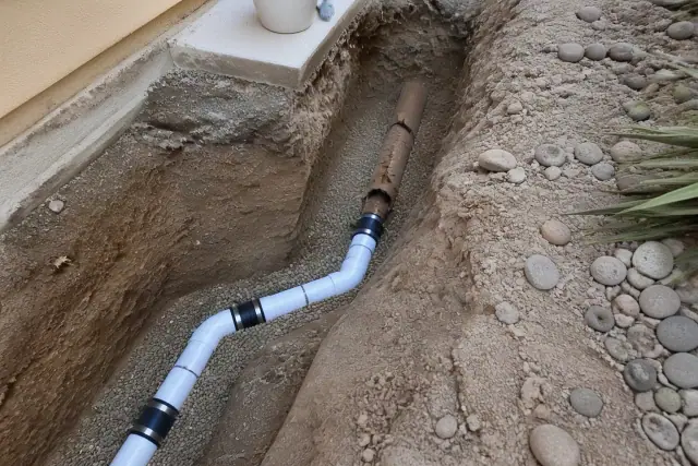 Sewer line repair featuring new PVC pipe and gravel backfill in a deep trench at a residential property in Gilbert, AZ.