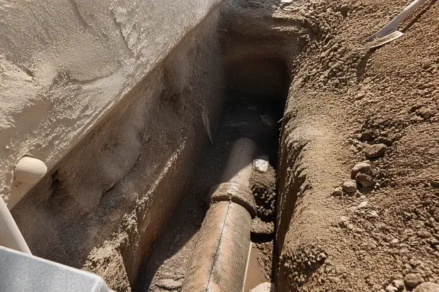 Excavated trench showing a cracked sewer pipe during a residential repair in Chandler, AZ.