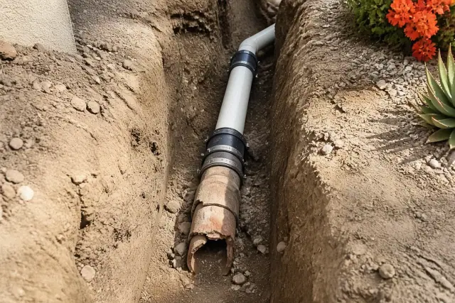 A deep trench in Glendale, AZ showing a sewer line repair with new PVC pipe connected to existing terra cotta piping.