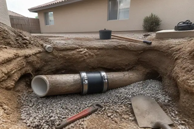 Repaired sewer pipe with a rubberized coupling and gravel bedding at a home in Phoenix, AZ.