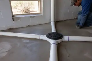 New PVC pipe junction and floor drain in a Phoenix, AZ utility room with a worker inspecting the seals in the background.