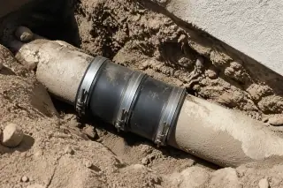 Underground pipe coupling with heavy duty gaskets in desert soil at a jobsite in Phoenix, AZ.