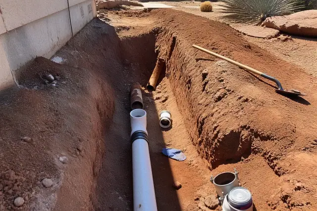 Sewer line replacement in a deep trench with new piping and red soil at a foundation in Tempe, AZ.