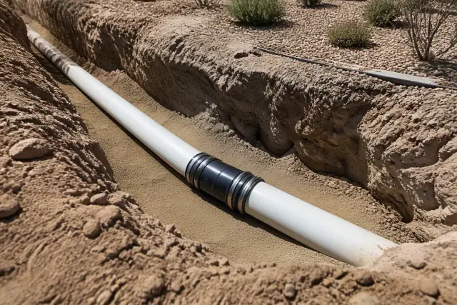 New sewer pipe coupling with stainless-steel bands installed in a residential trench in Gilbert, AZ.