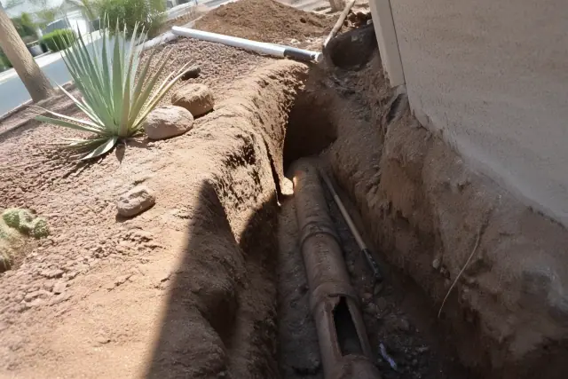 Deep trench with exposed cracked terra cotta pipe during a sewer line replacement at a residential site in Glendale, AZ.