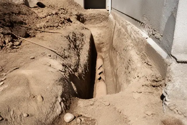 Deep trench showing cracked terra cotta sewer pipe and desert soil during a foundation repair in Phoenix, AZ.