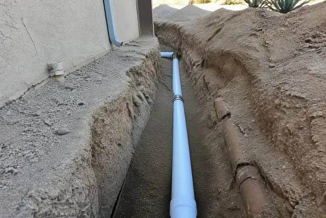 Deep trench showing cracked terra cotta pipe and new PVC pipe installation during a sewer line replacement in Scottsdale, AZ.