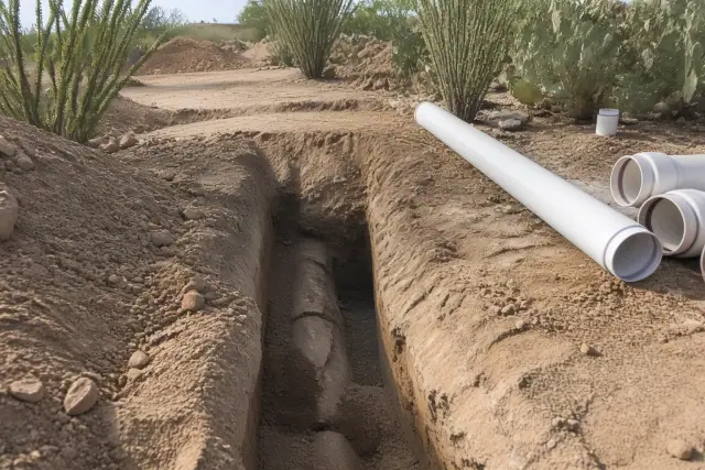 Deep trench with cracked pipe and new replacement sewer line in Surprise, AZ.