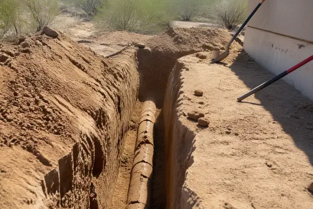 Deep trench excavation exposing cracked sewer pipe in Peoria, AZ with desert landscaping in the background.