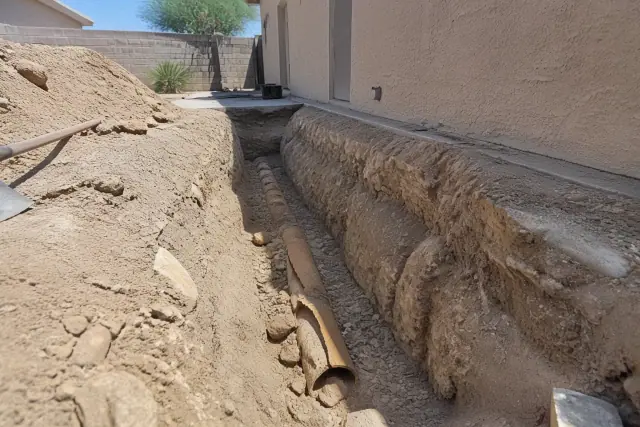 Deep trench excavation showing cracked terra cotta sewer pipes and dusty soil at a job site in Goodyear, AZ.