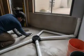 Worker cleaning near new PVC drainage pipes and a floor drain in a utility room in Phoenix, AZ.