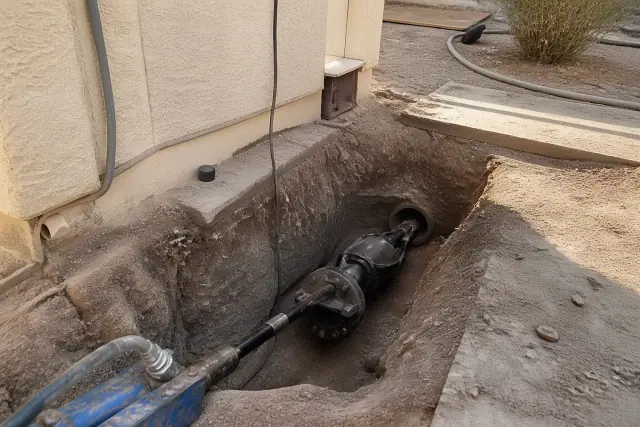 Hydraulic bursting head in a trenchless sewer pipe bursting pit at a jobsite in Avondale, AZ.