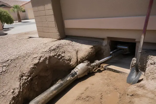 Hydraulic bursting head positioned in a trenchless sewer pipe repair pit in Gilbert, AZ.