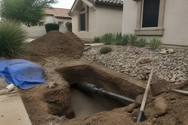 Hydraulic pipe bursting head in a trenchless entry pit at a residential property in Glendale, AZ.