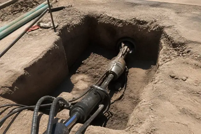Hydraulic bursting head inside an open trench for sewer pipe replacement in Surprise, AZ.