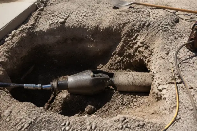 Hydraulic bursting head inside an open pipe trench at a residential job site in Phoenix, AZ.