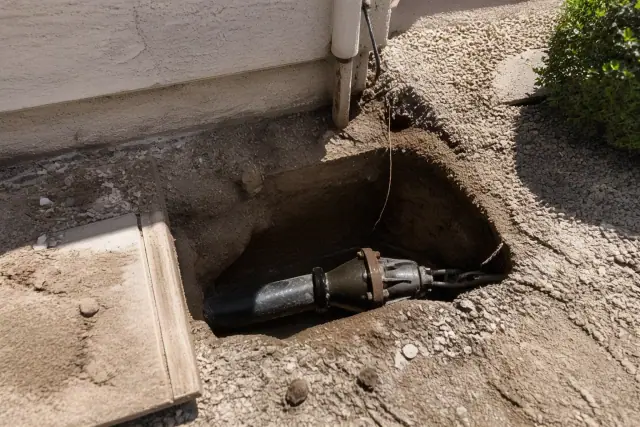 A hydraulic bursting head in a trenchless pipe repair pit at a jobsite in Goodyear, AZ.