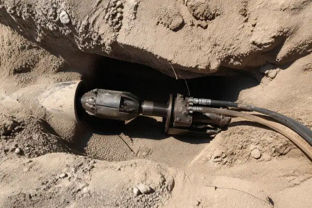 Hydraulic bursting head and pipe section inside a trenchless entry pit at a jobsite in Phoenix, AZ.