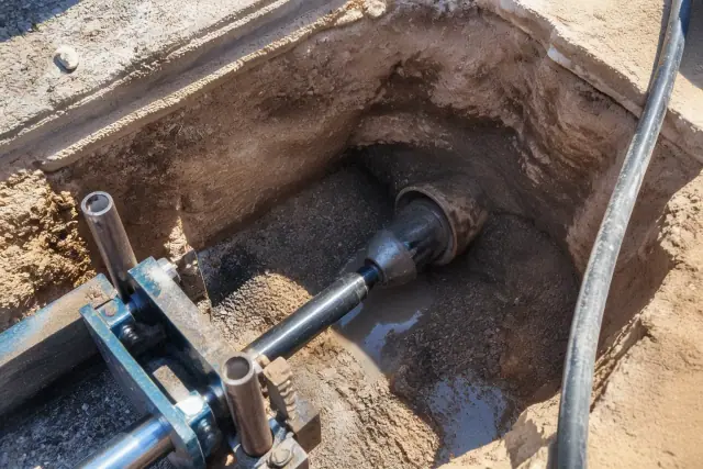 Hydraulic bursting head positioned in a trenchless pipe repair pit at a job site in Mesa, AZ.