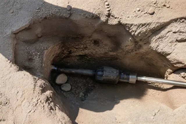 Hydraulic pipe bursting head in a trenchless entry pit at a jobsite in Scottsdale, AZ.