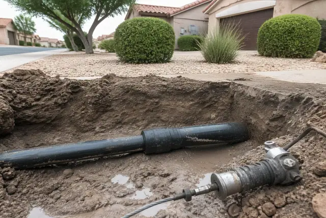 Newly installed black HDPE sewer pipe in a muddy access pit at a home in Chandler, AZ with desert landscaping.