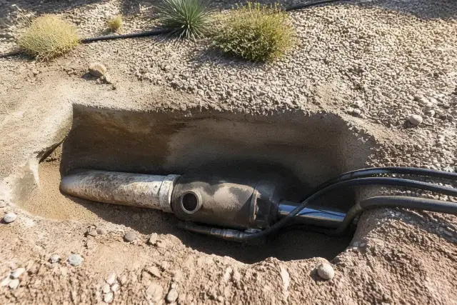 Hydraulic bursting head positioned in a trenchless pipe replacement pit in Phoenix, AZ.