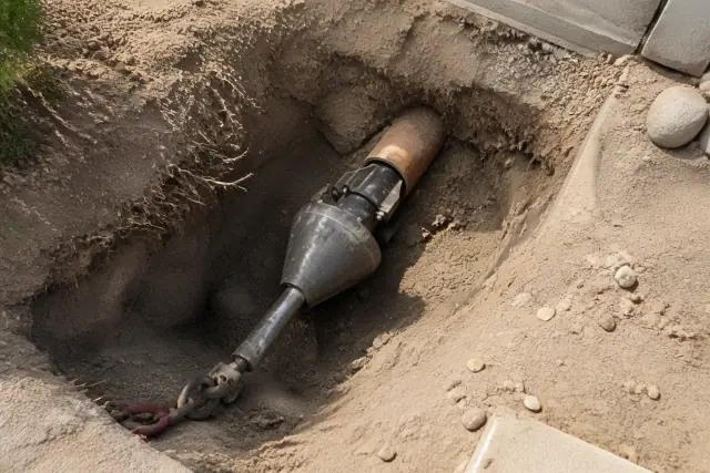 A hydraulic bursting head inside a trenchless sewer line replacement pit in Phoenix, AZ.