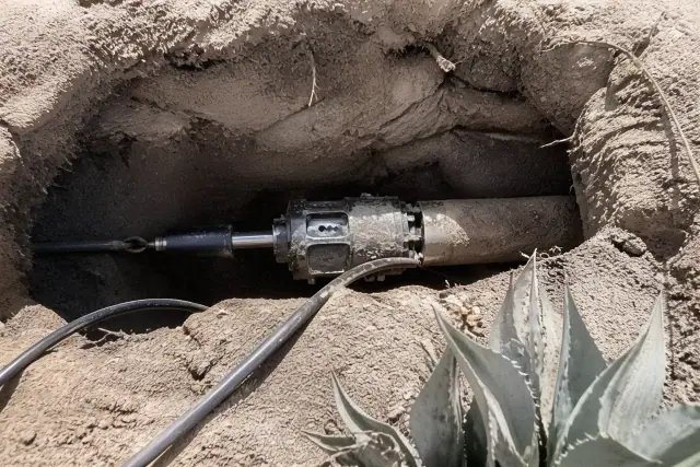 Hydraulic bursting head inside a trenchless sewer repair pit surrounded by desert soil in Phoenix, AZ.