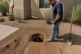Technician inspecting a newly installed HDPE pipe end at a backfilled sewer repair site in Phoenix, AZ.